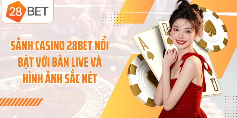 Sảnh casino 28BET nổi bật với bàn live và hình ảnh sắc nét